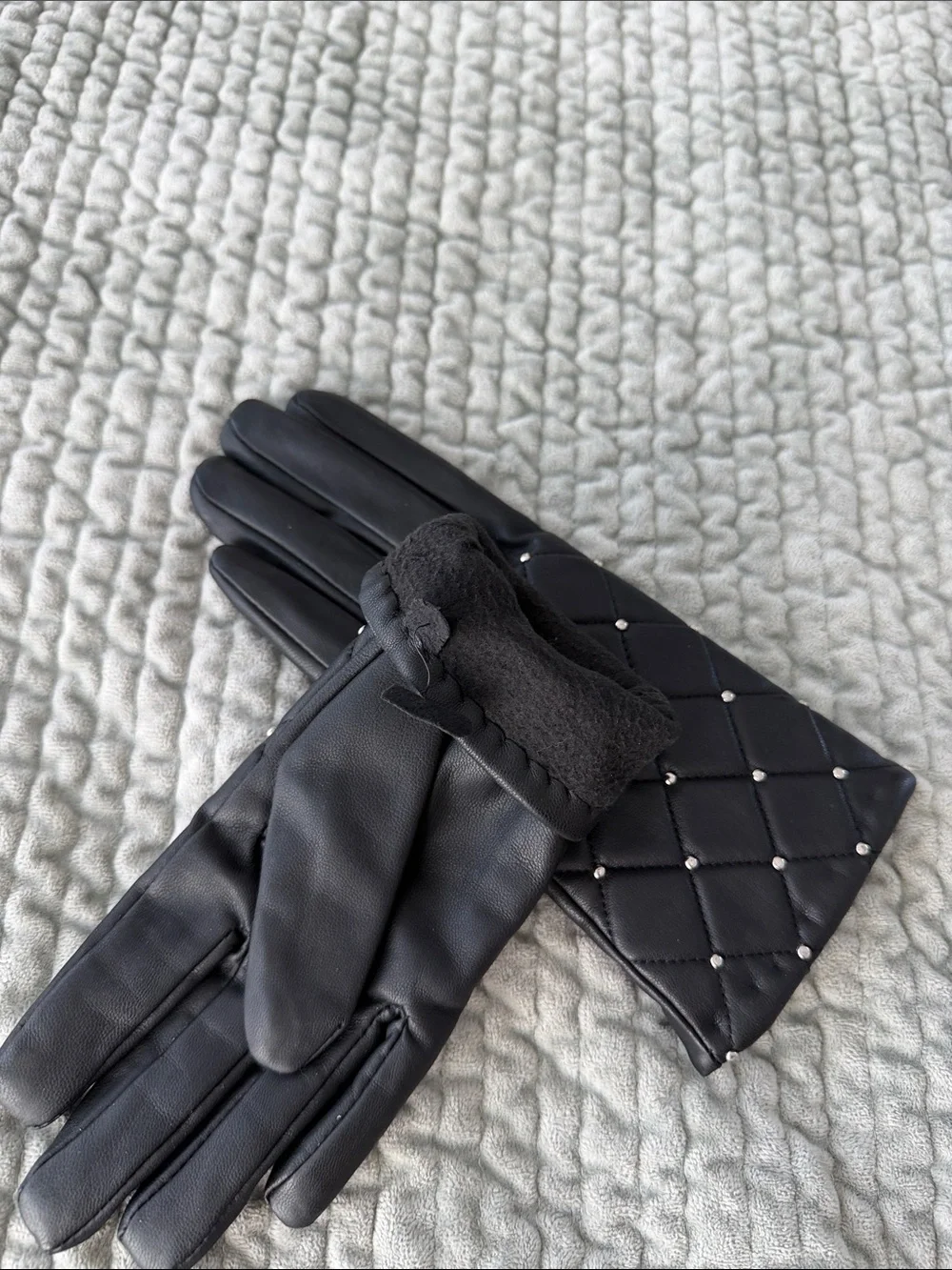 Mango Black Quilted Studded Leather Gloves for Women